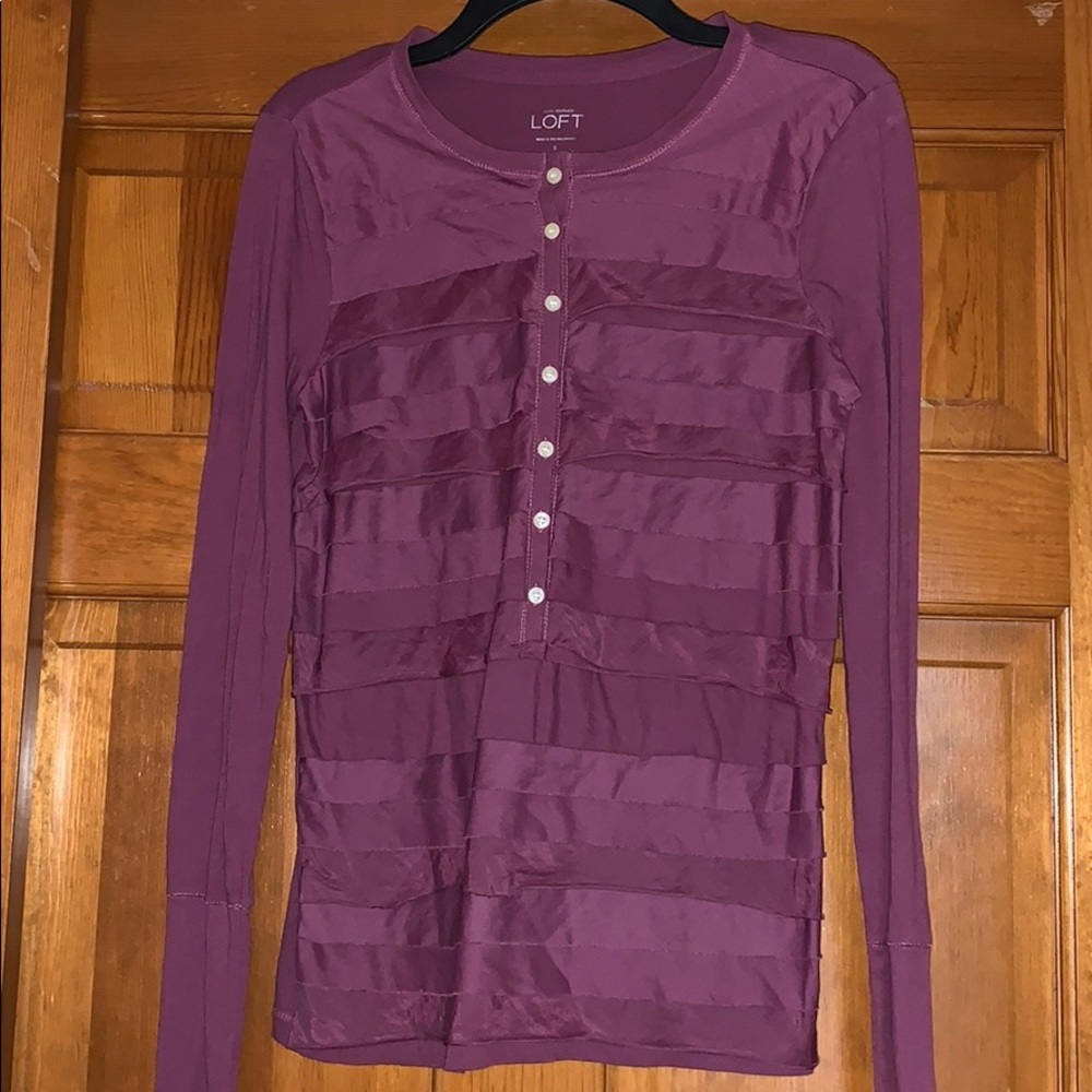 Loft Women’s S LS Ruffled Front Purple Shirt